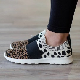 Women Large Size Mesh Breathable Leopard Pattern Elastic Band Slip On Sneakers