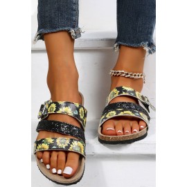 Black Sunflower Print Sparkly Buckle Strap Slippers