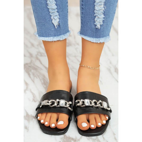 Black Chain Decor PU Flat Slippers