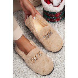 Khaki Faux Fur Chain Décor Home Slippers